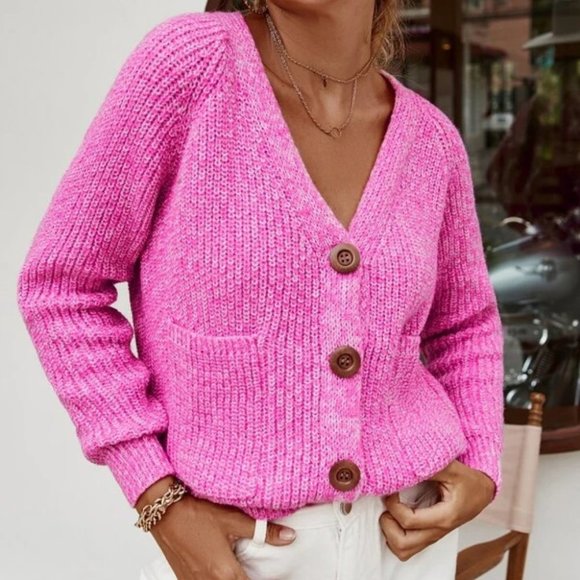 MODA ME COUTURE Sweaters - Hot Pink Button Button Up Knit Sweater Cardigan